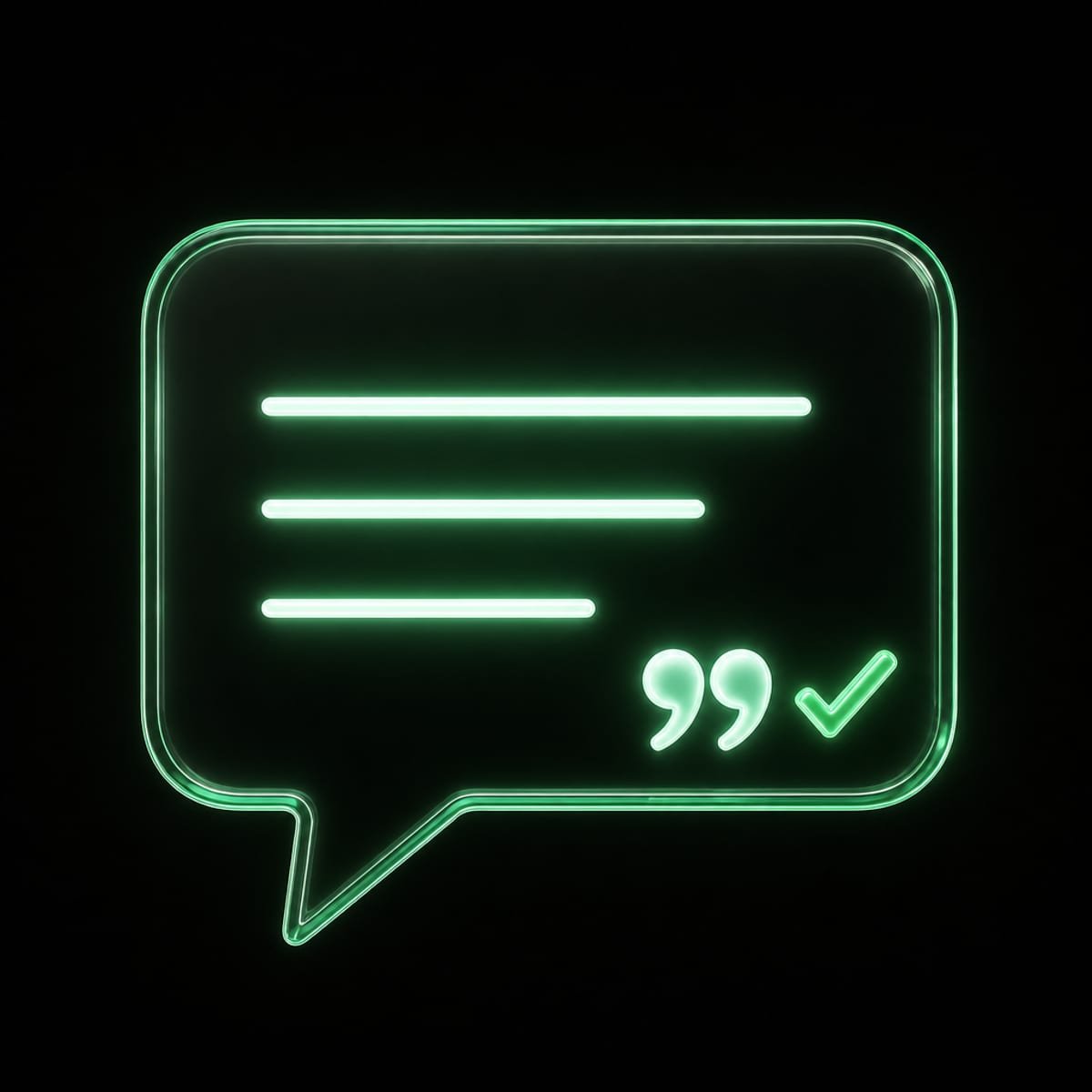 Dark glass speech bubble with a glowing green border, blank text lines, a quotation mark, and a tick