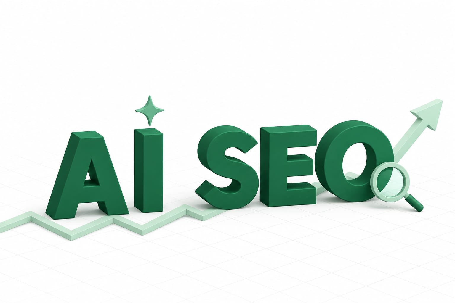 Green isometric 3D letters spelling AI SEO on a white floor with a sparkle above the I, a zigzag arrow rising behind, and a magnifying glass against the O