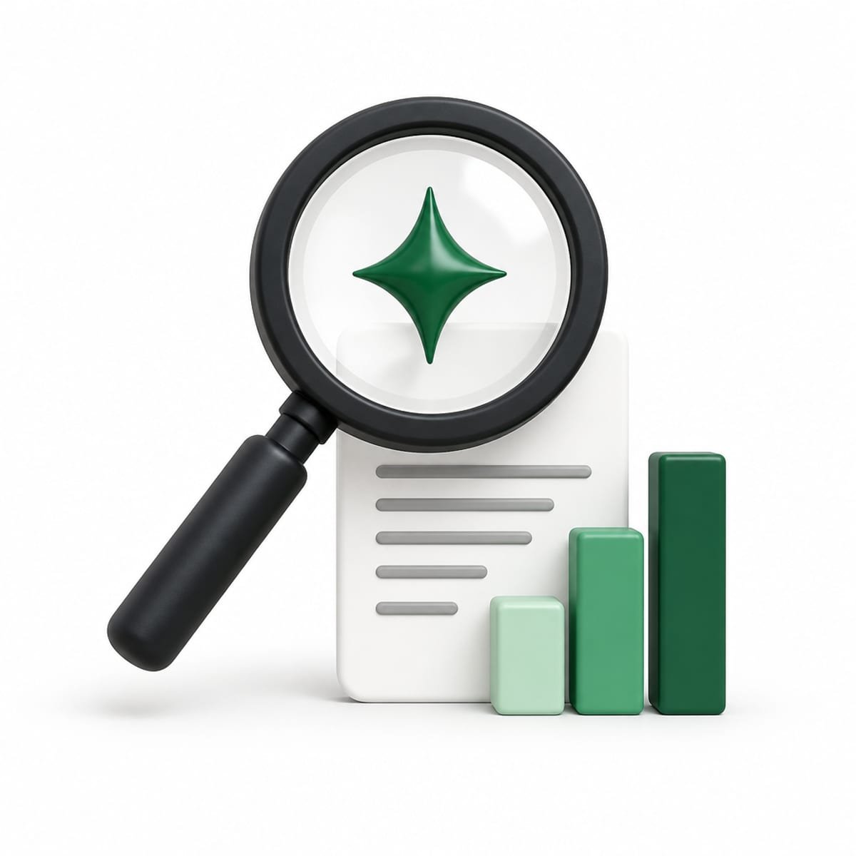 Magnifying glass over a page with a sparkle icon in the lens and a small rising bar chart beside it