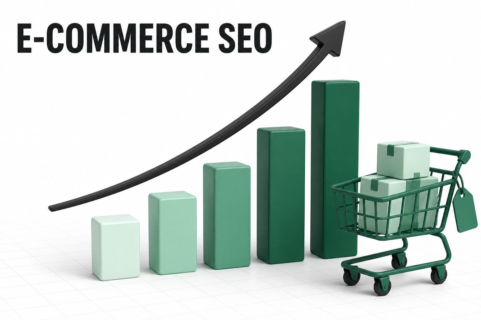 Five green 3D bars rising under a curved arrow next to a shopping cart holding boxes, with the heading E-COMMERCE SEO