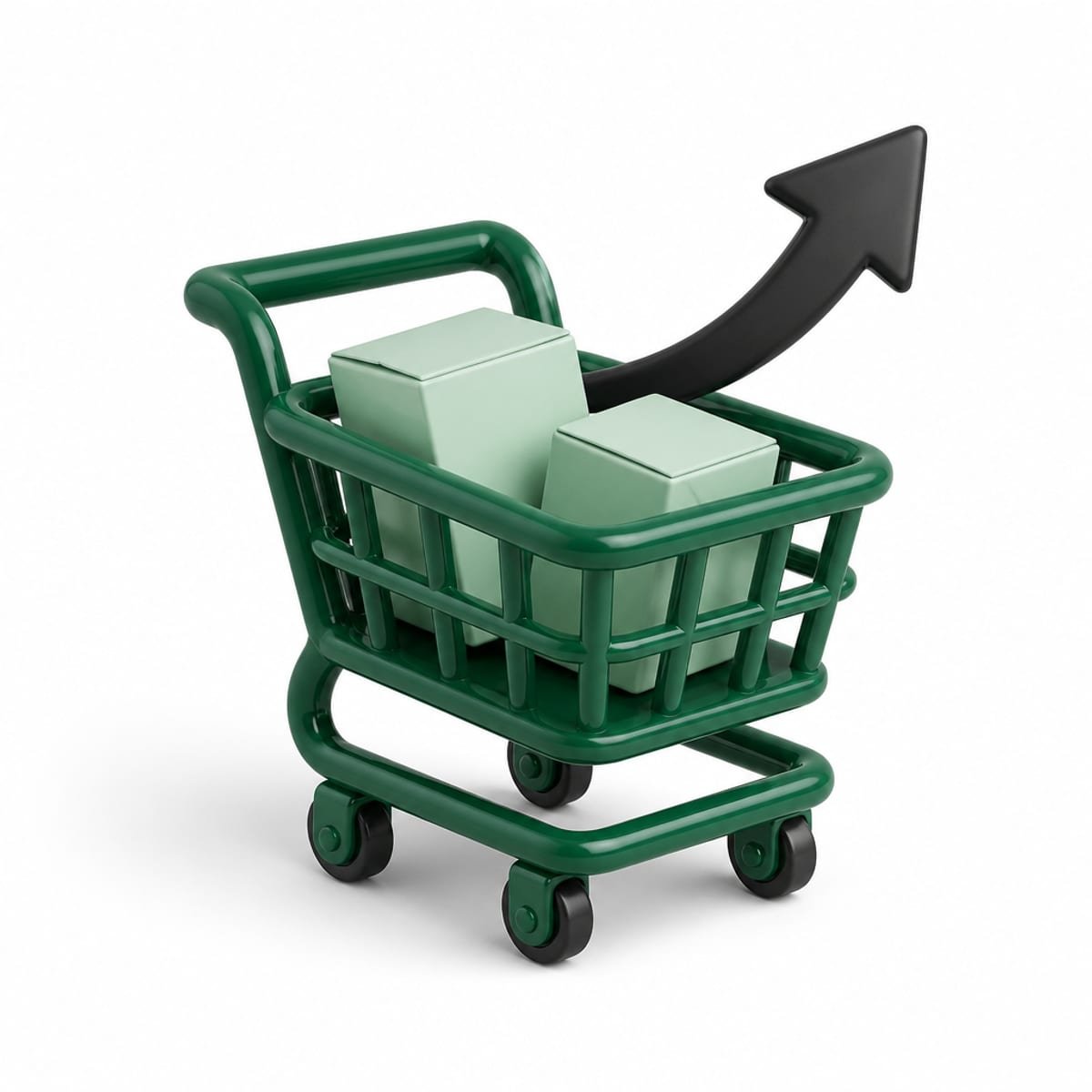 Green 3D shopping cart holding two boxes with an arrow curving upward out of it