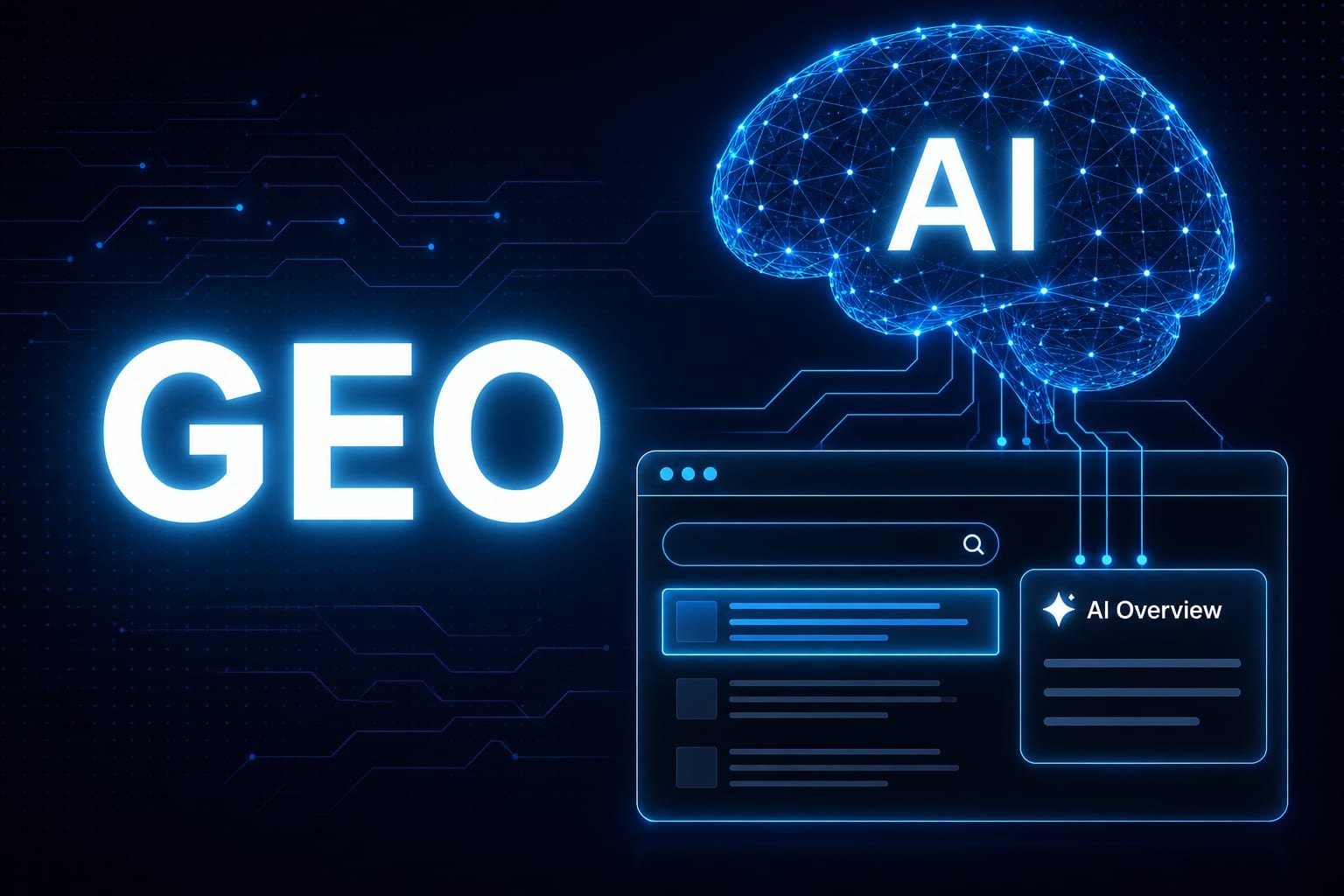Glowing wireframe brain connected to a search results panel labelled AI Overview, with the acronym GEO in large letters