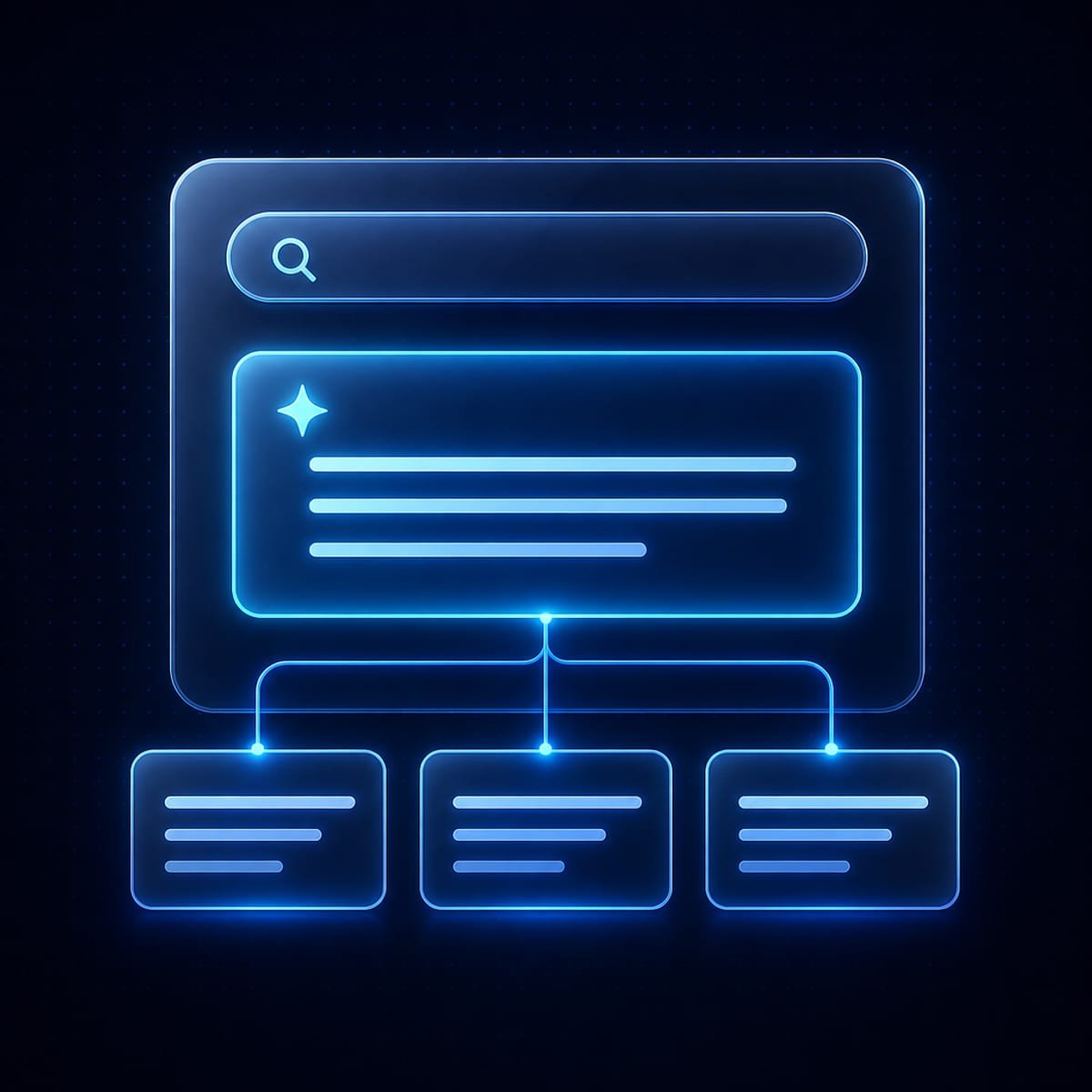 Search results panel with a sparkle icon and three highlighted source cards feeding an AI summary