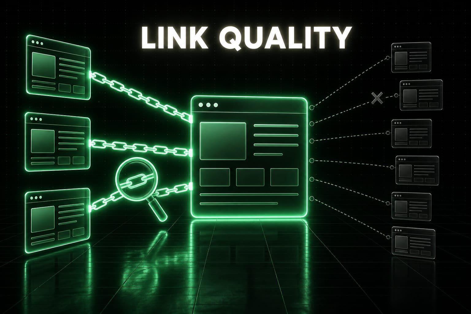 Dark scene with the words LINK QUALITY above a central website card receiving three thick glowing chain links from the left and faint broken lines from six dim cards on the right