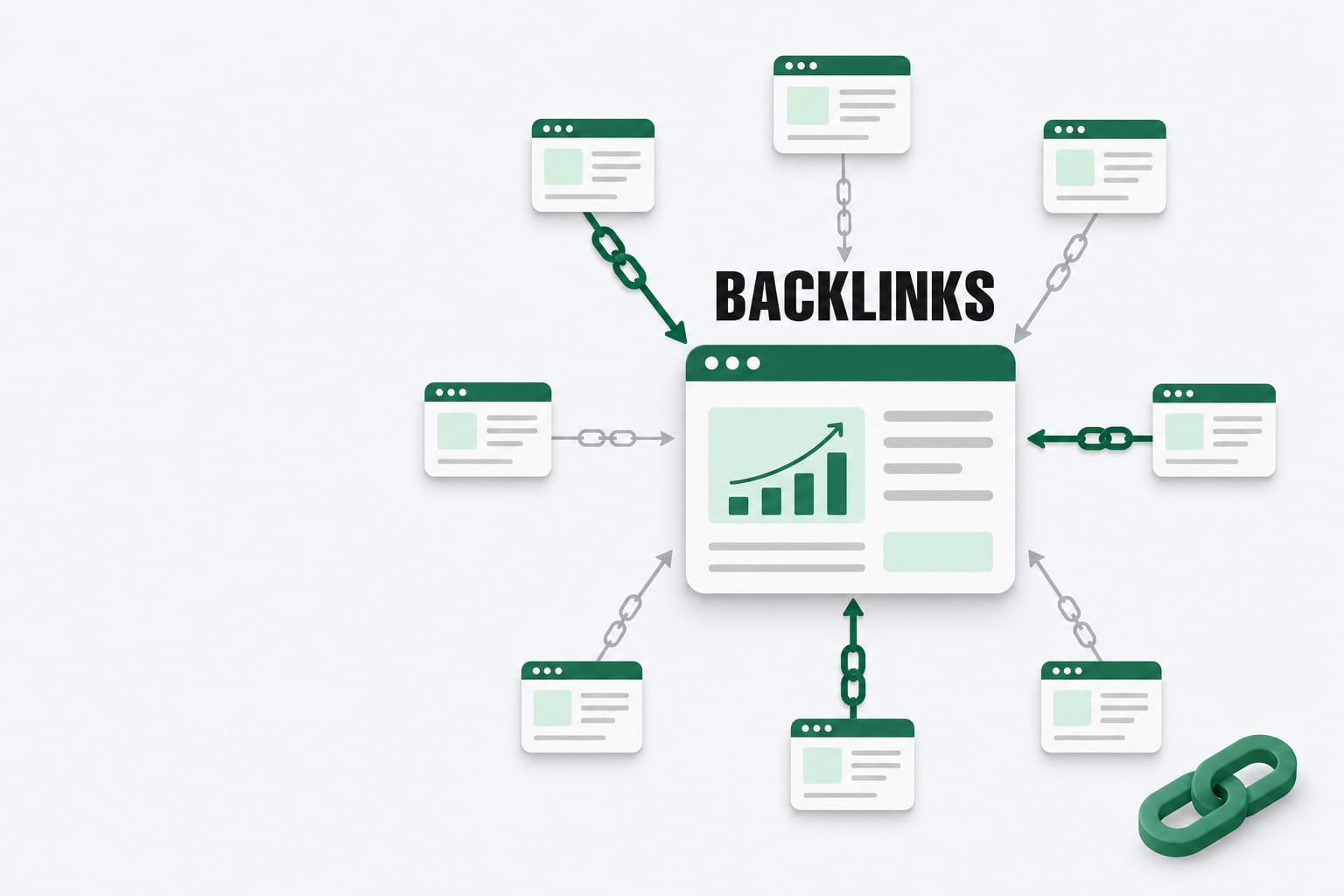 The word BACKLINKS above a central website card with eight smaller site cards pointing chain-link arrows into it, three thick green and the rest thin grey
