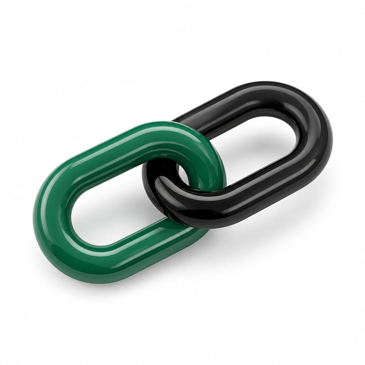 Two interlocking glossy 3D chain links, one green and one charcoal