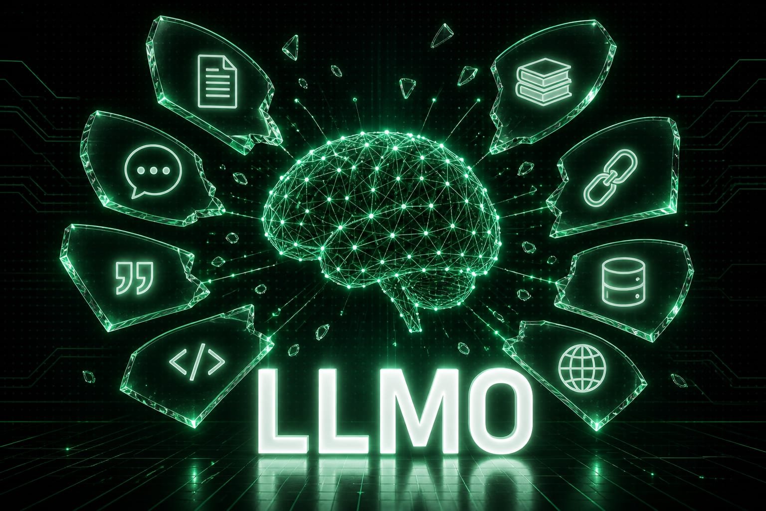 Glowing green wireframe brain surrounded by glass shards carrying document, book, chat, link, and database icons, with the acronym LLMO below