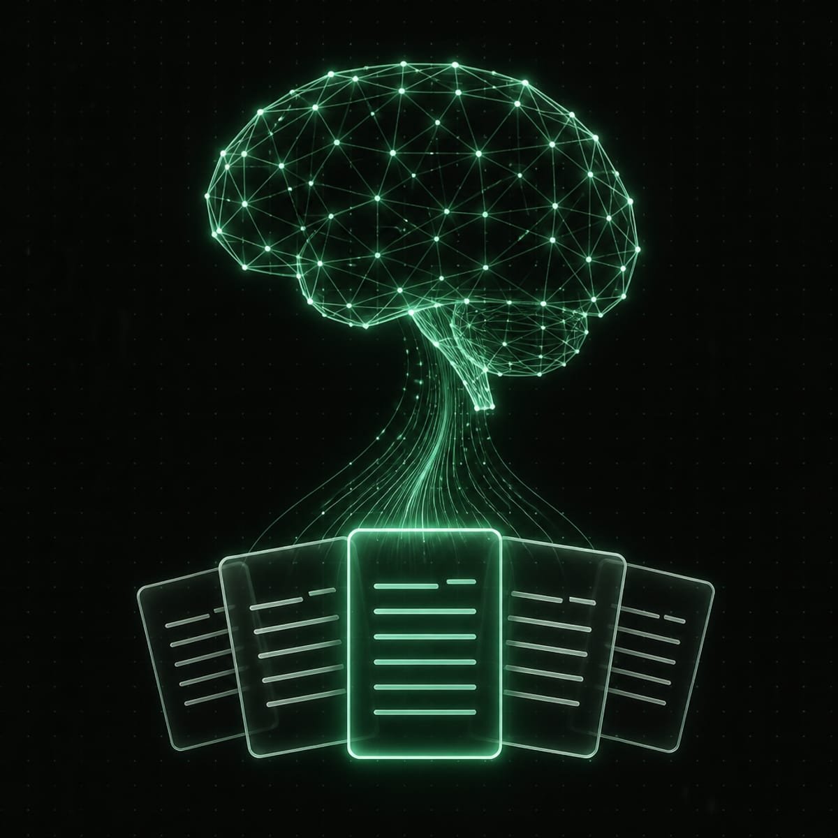 Stack of documents flowing into a glowing wireframe brain, with one document highlighted in green