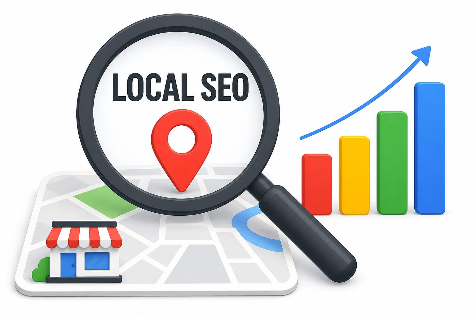 Magnifying glass over a street map showing the words LOCAL SEO and a red map pin, beside four rising bars in red, yellow, green, and blue