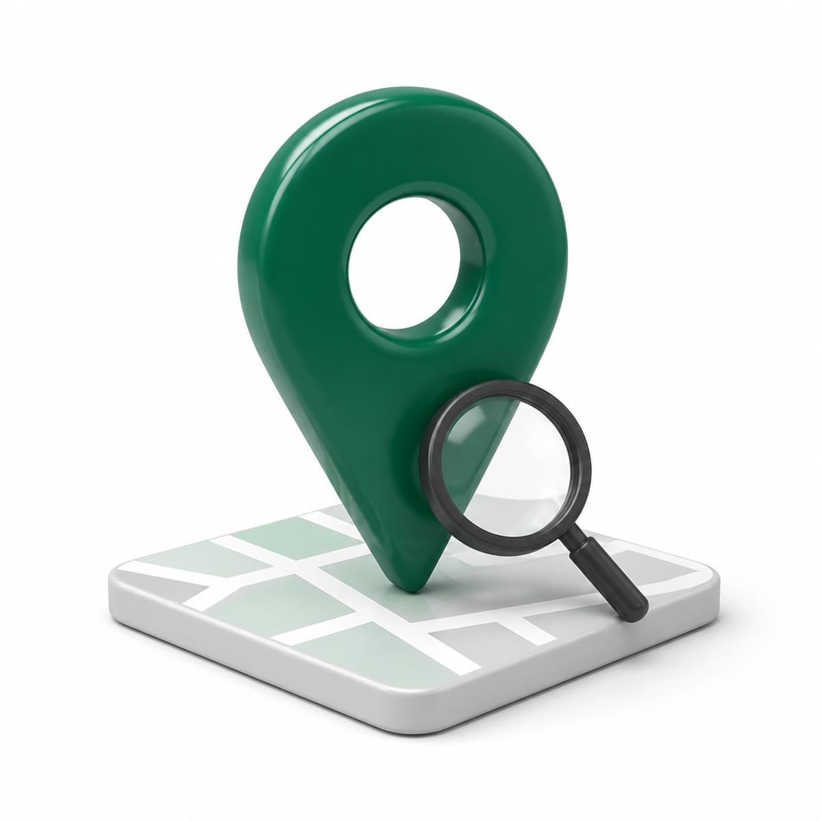 Green 3D map pin standing on a small tile of street map with a magnifying glass leaning against it