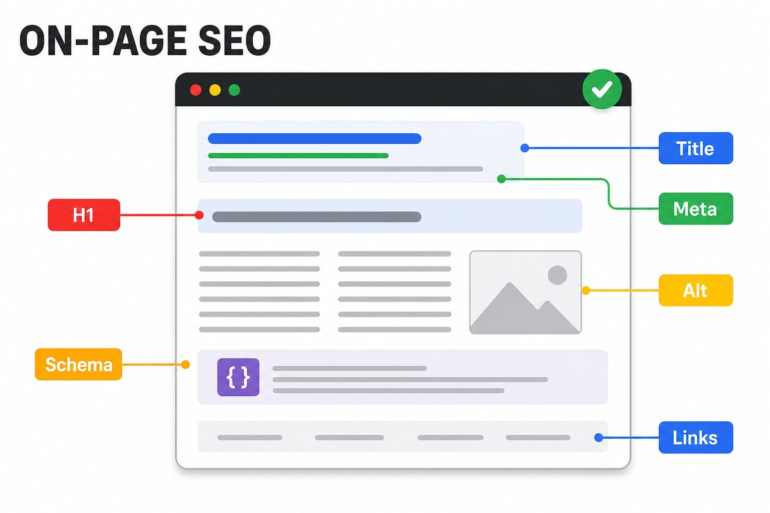 Browser mockup of a web page with callout tags for Title, H1, Meta, Alt, Schema, and Links under the heading ON-PAGE SEO