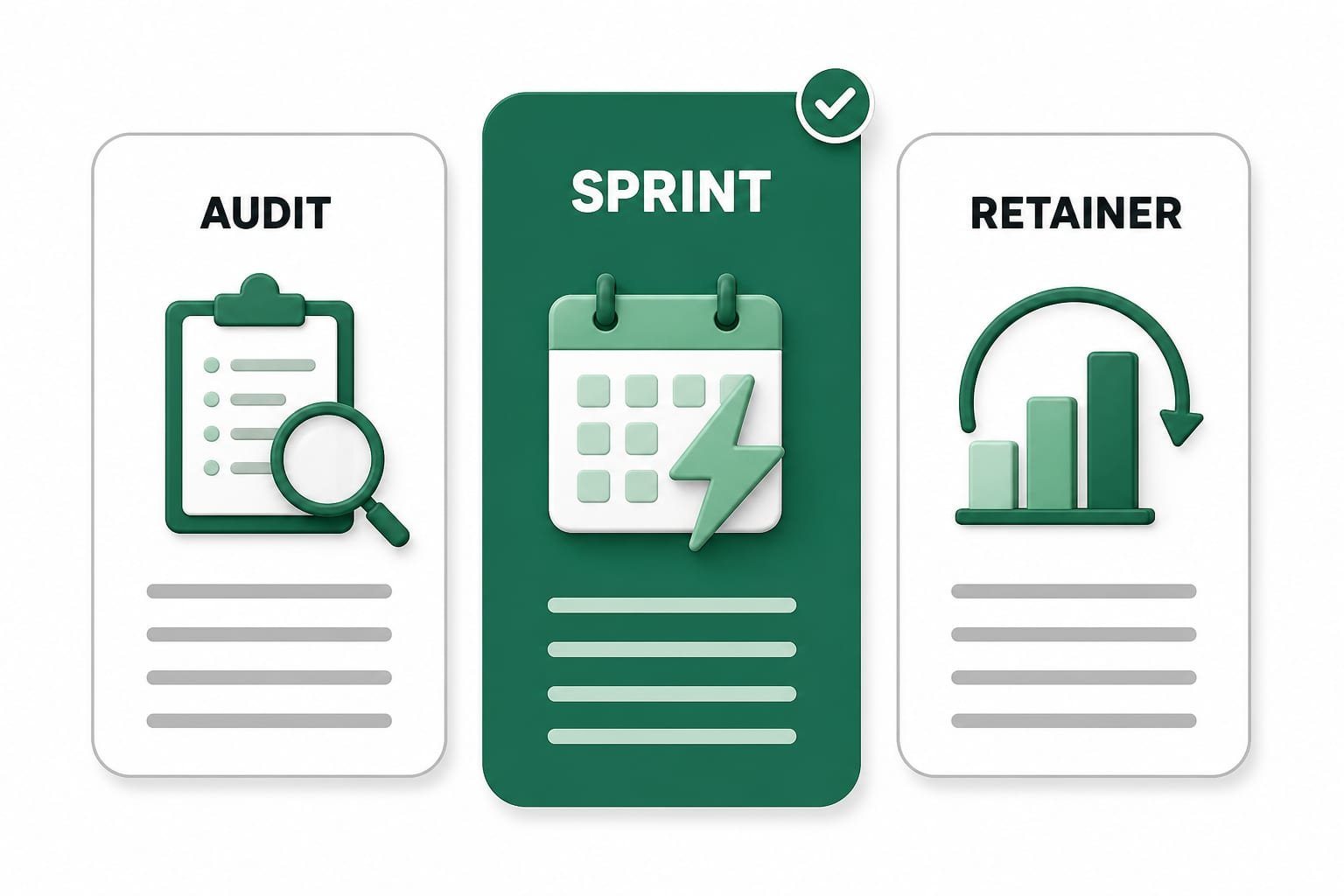 Three pricing cards labelled AUDIT, SPRINT, and RETAINER, the middle one green and taller, each with an icon and blank placeholder lines