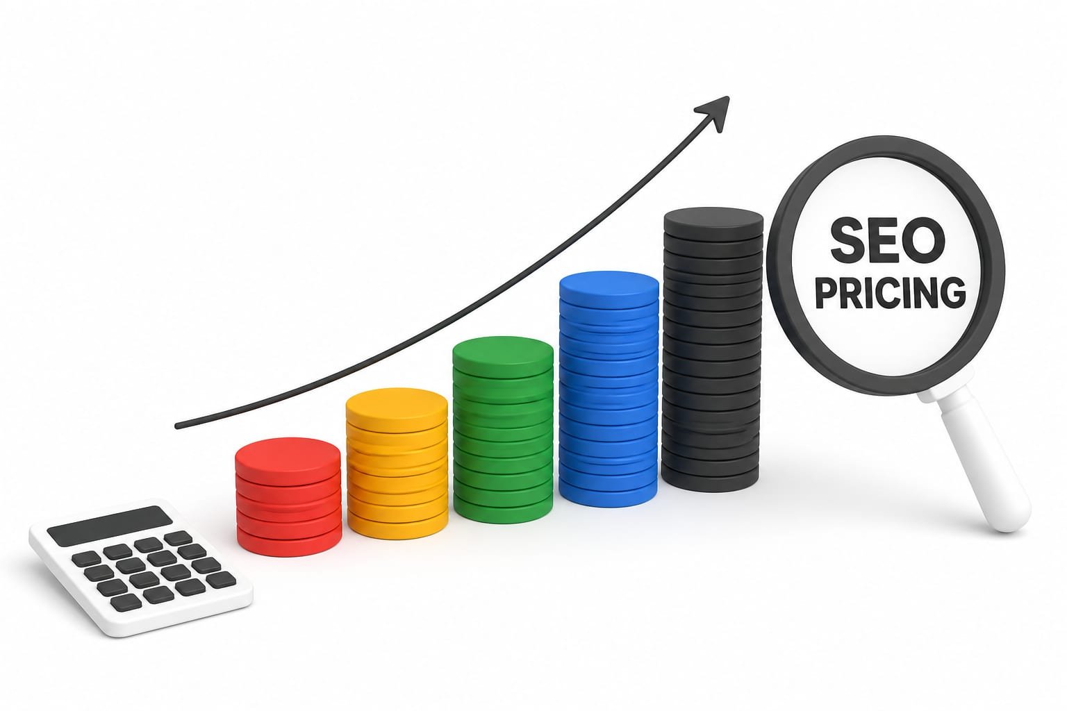 Five stacks of coins in red, yellow, green, blue, and black rising left to right under a curved arrow, with a magnifying glass showing the words SEO PRICING