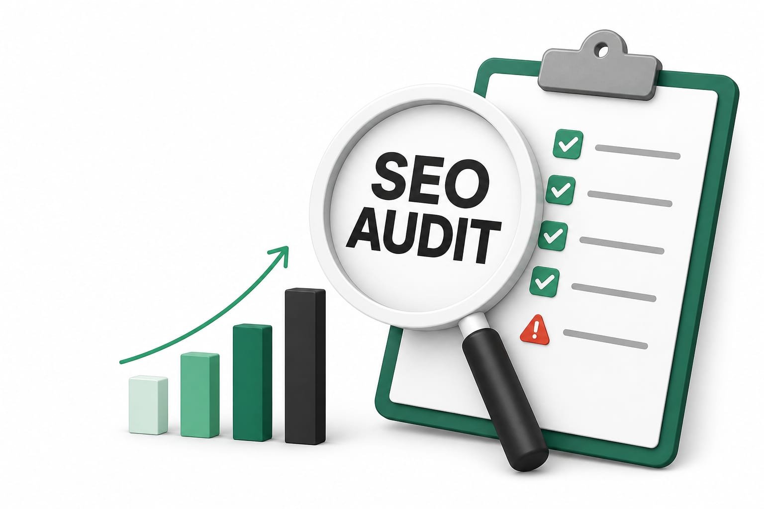 Magnifying glass showing the words SEO AUDIT over a clipboard checklist with green ticks and one red warning, beside four rising bars