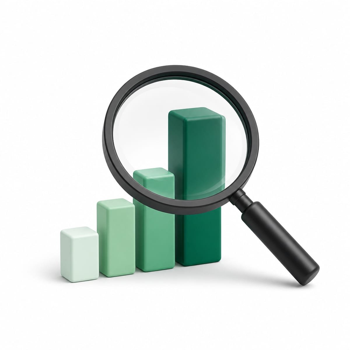 Magnifying glass held over four rising green bar-chart columns