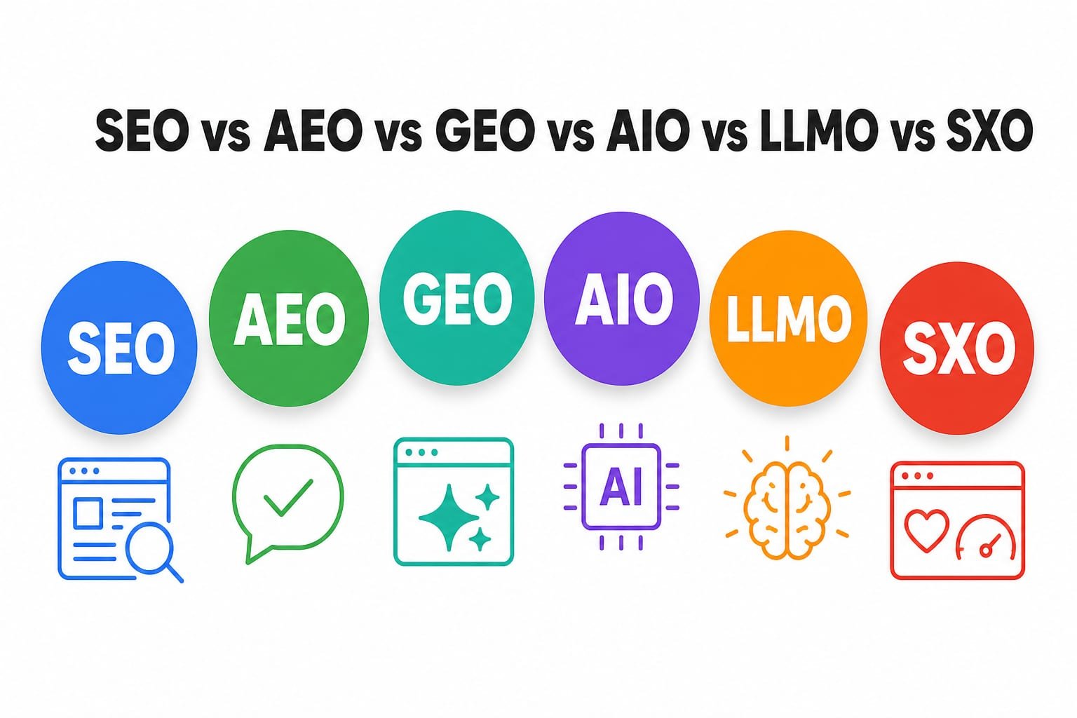 Six coloured circles in a row containing the acronyms SEO, AEO, GEO, AIO, LLMO, and SXO with a matching icon under each, beneath the headline SEO vs AEO vs GEO vs AIO vs LLMO vs SXO