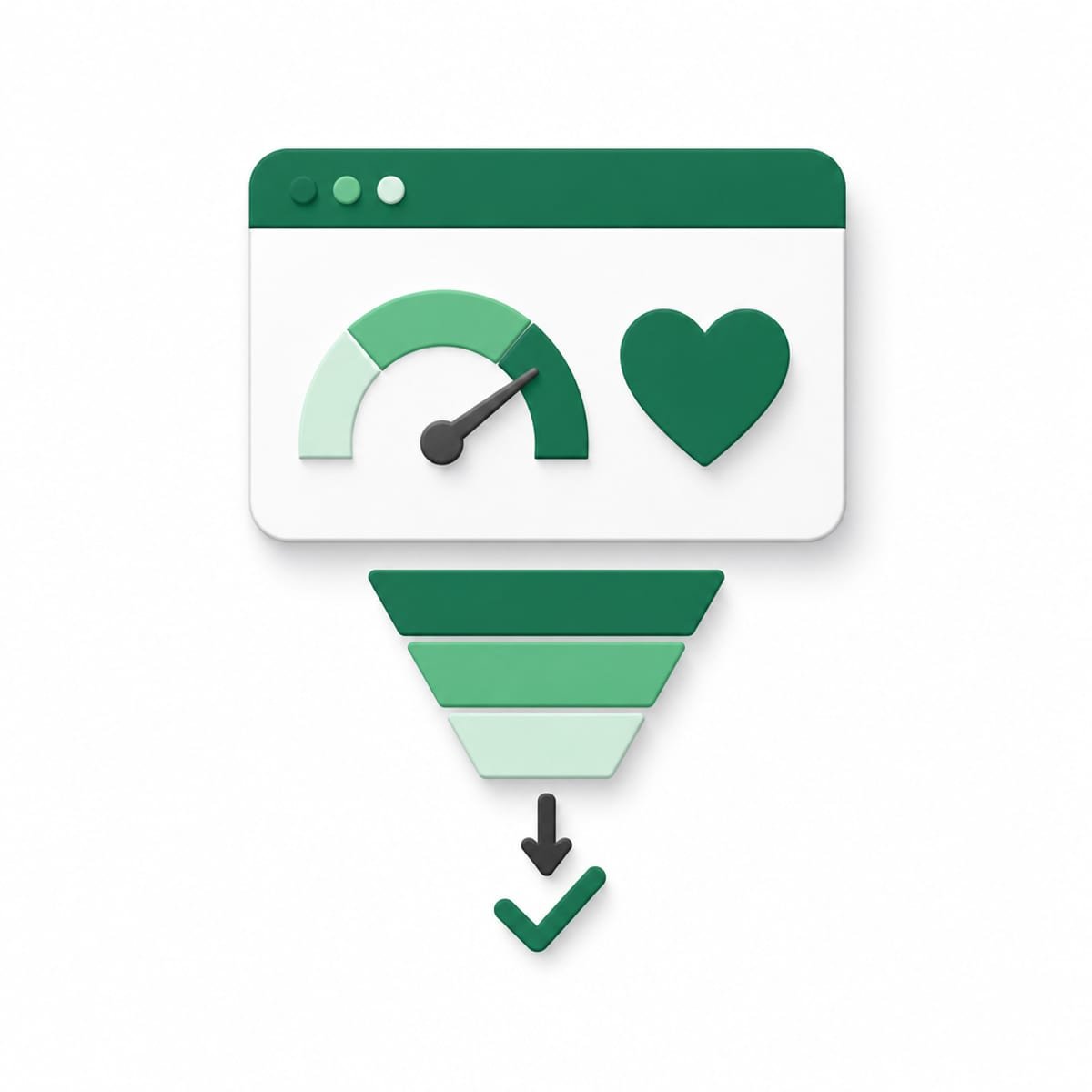 Browser window with a speedometer in the green zone and a heart icon, with a small conversion funnel beneath it