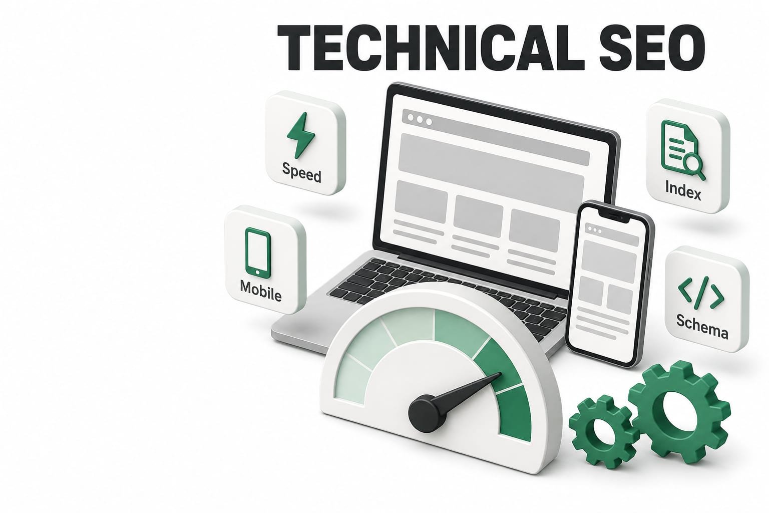 Isometric laptop and phone behind a speedometer in the green zone, with tiles labelled Speed, Mobile, Index, and Schema under the heading TECHNICAL SEO
