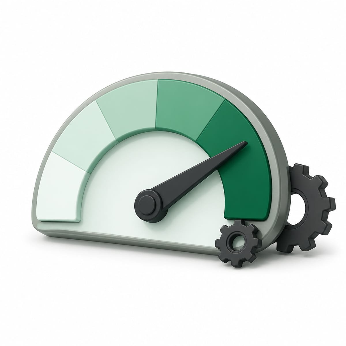 Semicircular speedometer gauge with the needle in the green zone and two gears behind it